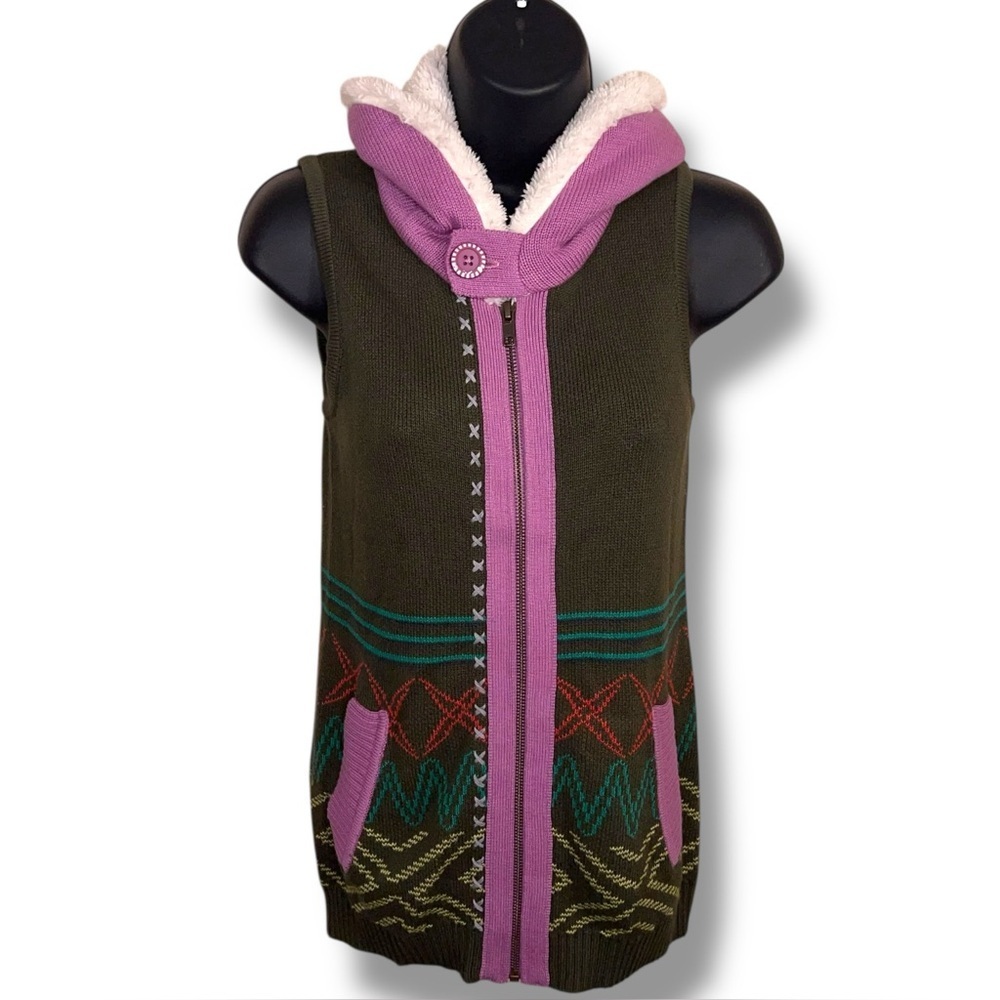 New Girls Size 10 Matilda Jane Big Idea Vest Knit Olive Green Fleece Hooded